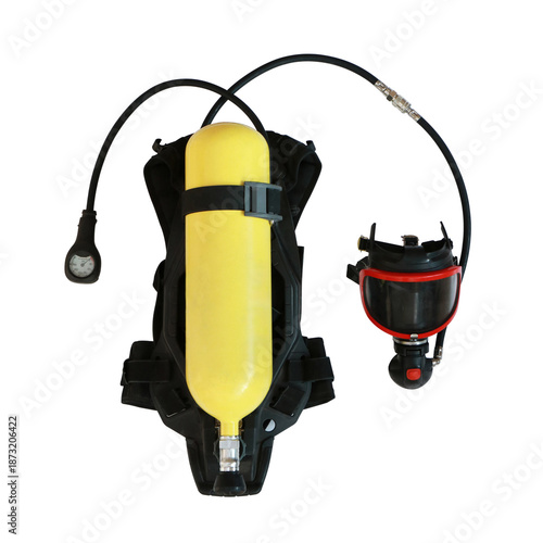 self-contained breathing apparatus with a yellow air tank, black harness, red-trimmed face mask, connected by hoses to a pressure gauge and a full-face respirator mask, isolated on a white background