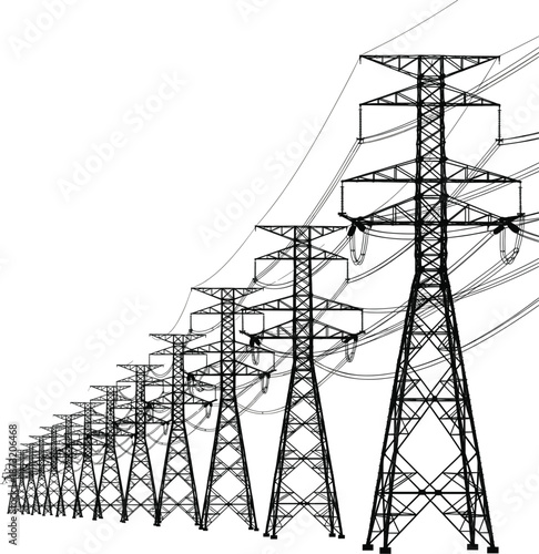 Long row of high voltage electricity transmission towers vector illustration in receding perspective isolated on white background.