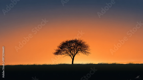 Silhouette of lone tree on grassy hill during vibrant orange and blue sunset sky, evoking calm and peaceful natural beauty