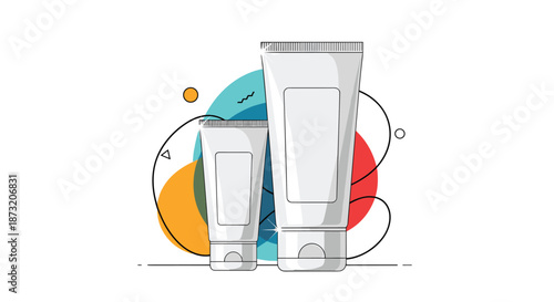 Two blank white cosmetic tubes of different sizes against a colorful abstract background, perfect for product mockups and branding.