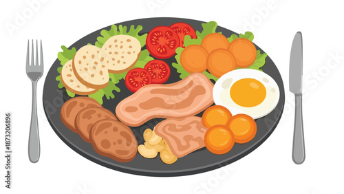 Stylized illustration of a hearty stacked sandwich, featuring fresh produce and savory meats