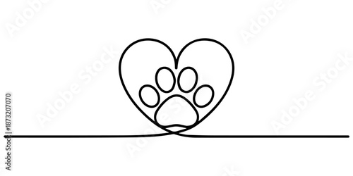 Dog paw continuous one line drawing of simple outline, Continuous one line drawing art cat Paw footprint and heart  . Paw footprints of dog or cat one line continuous single line animal drawing vector