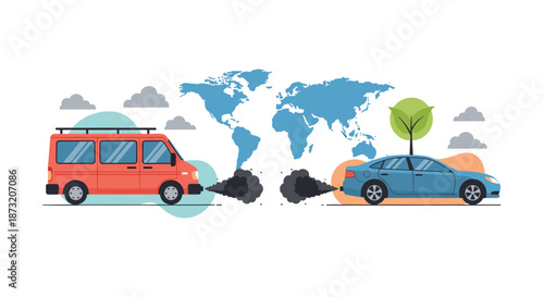 Cars emitting exhaust fumes and smoke in front of a world map, illustrating the concept of air pollution and climate change.