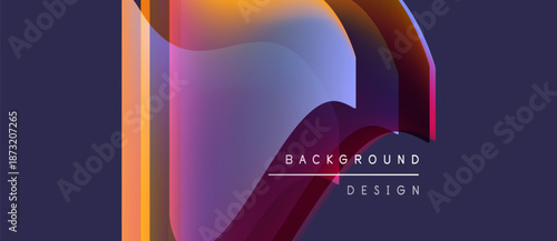 Abstract design features vibrant layers, gradients. Purple, orange hues dominate composition. Text reads background design. Modern aesthetic.