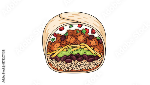Vibrant cartoon illustration of a perfectly crafted, generously filled burrito showcasing layers of savory ingredients from rice and beans to