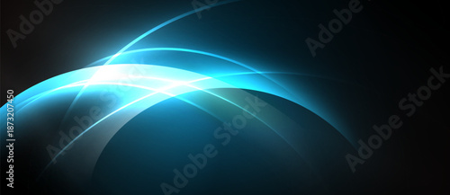 Abstract blue light curves create dynamic energy flow. Brightness contrasts with dark background, suggesting movement, depth.