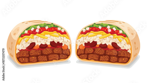Flavorful halved burritos showcasing diverse ingredients in vibrant layers ideal for mexican cuisine concepts and food advertisements  a delectable