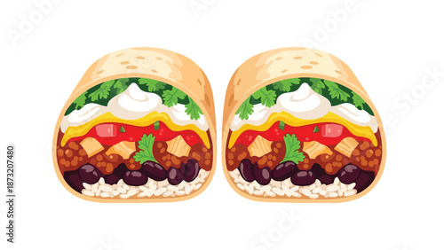 Vibrant cartoon illustration of two savory burritos, packed with diverse ingredients like rice, beans, meat, salsa, and cream. Ideal for food
