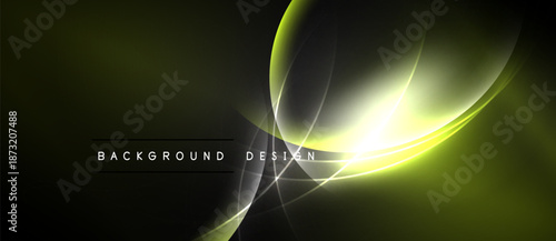 Abstract design features glowing curves, lines. Dark background contrasts bright yellow, olive hues. Modern aesthetic, elegant simplicity.