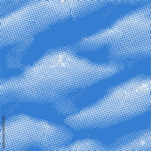 Halftone-style cloud pattern vector with retro comic shading on blue sky background, ideal for pop art, weather-themed designs, children’s illustrations, and graphic storytelling projects.