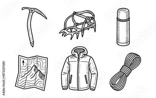 Hand-drawn collection of essential mountaineering and climbing gear illustrations