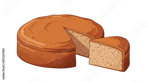 Hand-drawn illustration of a freshly baked golden cake with a perfect slice removed, displaying its rustic and wholesome texture.