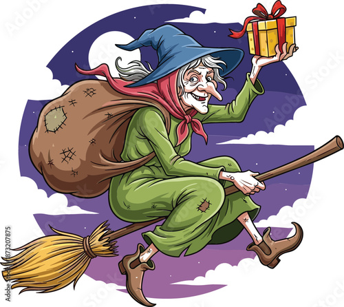 Vector illustration of a smiling witch flying on a broomstick carrying a sack and holding a holiday gift.