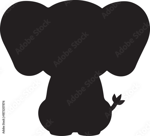 Baby Elephant Silhouette Sitting Facing Away with Large Ears on a White Background animal