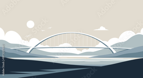 Serene landscape illustration of a modern arch bridge over a river, with mountains, clouds, and birds in a calm color palette.