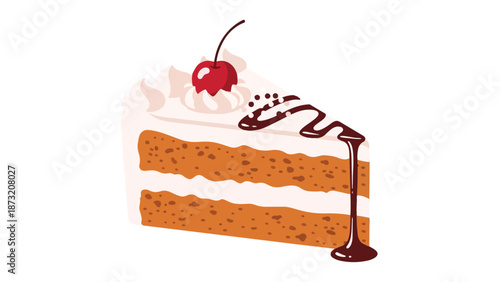 Delicious layered cake slice adorned with fluffy whipped cream a bright cherry and rich chocolate drizzle