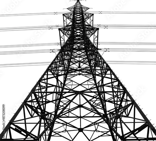 Low angle perspective of a high voltage electricity transmission tower vector illustration isolated on white background for industrial design.