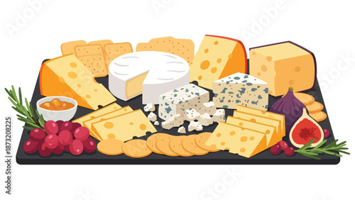 A delightful gourmet cheese board featuring an assortment of artisanal cheeses, crackers, fresh grapes, juicy figs, and aromatic rosemary perfect