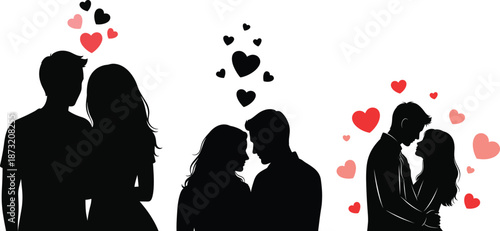 Happy Valentine’s Day Romantic Couple Silhouette Love Hearts Valentine Illustration
