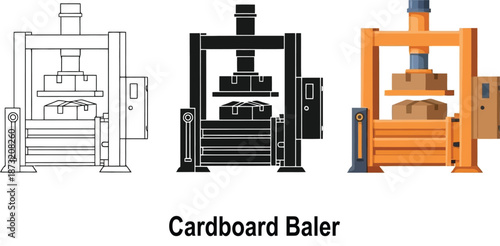 Set of cardboard baler icons industrial press machine for waste management and recycling flat vector illustrations