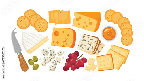 A charming illustration of a gourmet cheese board featuring varied cheeses, crackers, grapes, olives, and honey. An inviting culinary spread,