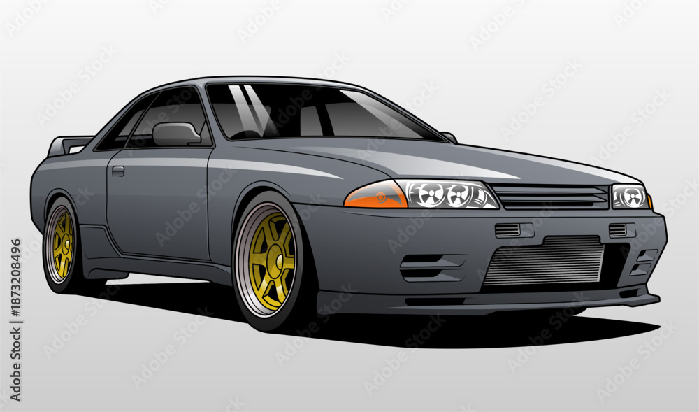 Naklejka premium Grey modified sports coupe car vector illustration in sleek modern style, isolated on light background, perfect for automotive design, tuning concepts, and digital artwork
