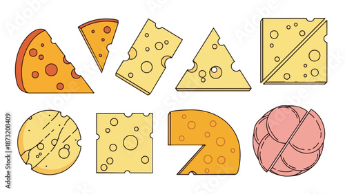 Vibrant cartoon cheese pieces in assorted forms with deli meat stack for diverse food graphics