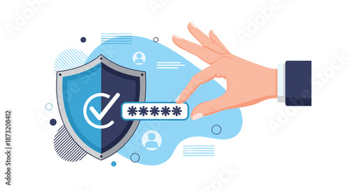 Cybersecurity concept with a hand entering a password, protected by a large shield with a checkmark for secure access.