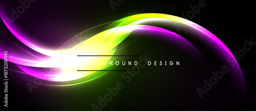 Abstract vibrant waves, smooth curves, dark background. Bright colors blend, creating dynamic visual effect. Modern design element.