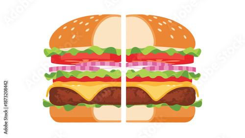 A vibrant illustration of a perfectly layered classic hamburger, featuring juicy patty, melted cheese, crisp lettuce, fresh tomato and onion between