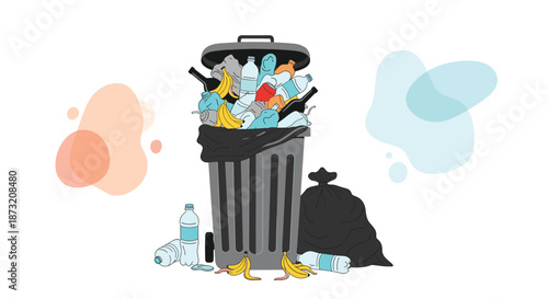 Overflowing trash can and garbage bag filled with plastic bottles, food waste, and other rubbish, representing pollution and waste.