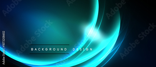 Abstract blue light curves form dynamic background. Bright glow radiates from center, creating futuristic feel. Smooth gradients enhance visual impact.
