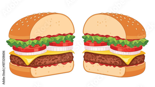 This vibrant cartoon illustration showcases two delicious and freshly prepared beef hamburgers featuring crisp lettuce ripe tomatoes and melted