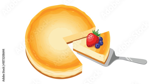 Delicious creamy cheesecake illustration with a berry-topped slice elegantly served, showcasing a delightful sweet dessert