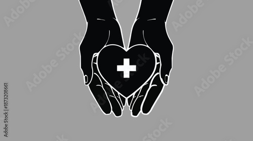 Minimalist Illustration of Hands Holding a Heart with a Medical Cross Symbol, Representing Healthcare, Charity, and Compassionate Support on a Grey Background
