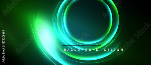Abstract green neon lights form circular shapes. Dark background enhances glowing effect, creating modern design element.