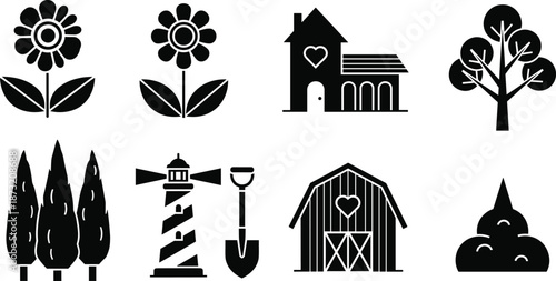 Rural icon set, farming silhouette collection, nature and countryside symbols, black vector shapes, garden elements, barn, tree, house, flower, lighthouse