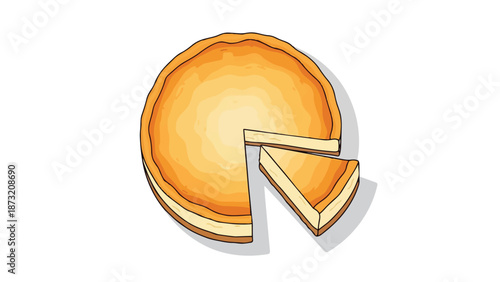A delightful illustrative depiction of a classic baked cheesecake, featuring a perfectly separated generous slice from the main dessert, symbolizing