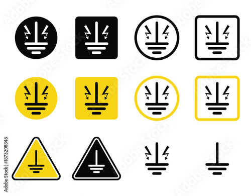 Electrical Grounding Warning Icon Set – High Voltage Earth Symbol Vector Pack in Black and Yellow