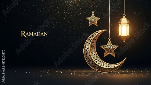 Ramadan Golden Crescent Moon, Stars, and Lantern on Dark Bokeh Background