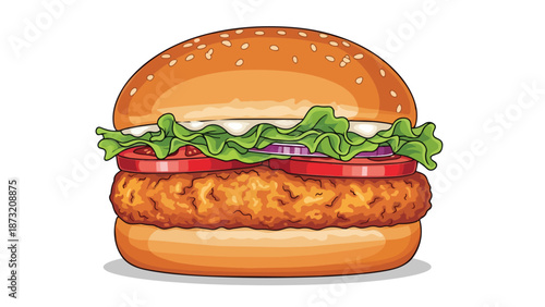 A delicious fried chicken or crispy patty burger, presented as a vibrant vector illustration. It features a sesame bun, fresh lettuce, red tomato,