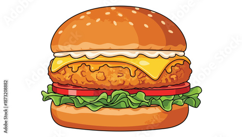 Delicious cartoon style crispy chicken burger featuring a golden sesame bun, melted cheese, fresh crisp lettuce, ripe red tomato, and a savory patty.