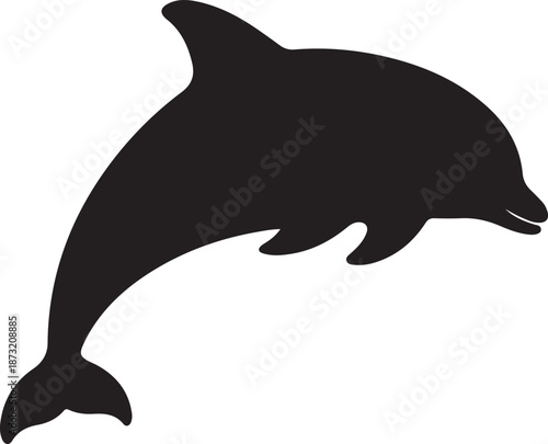 Black silhouette of a dolphin with its mouth open, leaping gracefully on a white background jumping