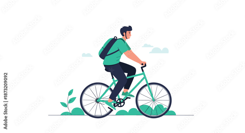 Fototapeta premium Young man with a helmet and backpack riding a bicycle, enjoying a healthy and eco-friendly outdoor activity and transportation.