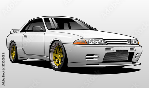 White modified sports coupe car vector illustration in sleek modern style, isolated on light background, perfect for automotive design, tuning concepts, and digital artwork