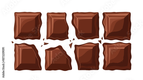 Rich cocoa chocolate pieces, whole and broken, digitally rendered on a clean white background, highlighting their delicious texture for