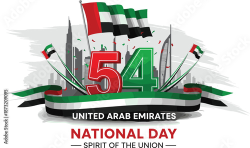 UAE 54th National Day vector banner featuring flags skyline of landmarks 3D number 54 and Spirit of the Union.