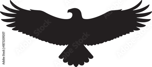 Black silhouette of a majestic eagle with wings spread wide in flight against a white background bird