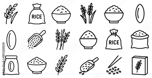 A set of black line illustrations depicting various rice and grain icons on a white background with a simple graphic design.