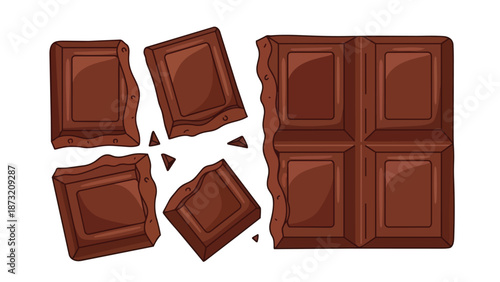 A delicious illustration of a milk chocolate bar featuring both an intact section of four squares and several delightful pieces separated with tiny